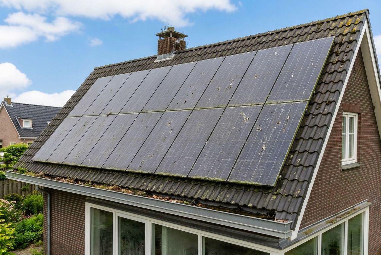 Vervuilde zonnepanelen met stof, algen en vogelvuil voor reiniging